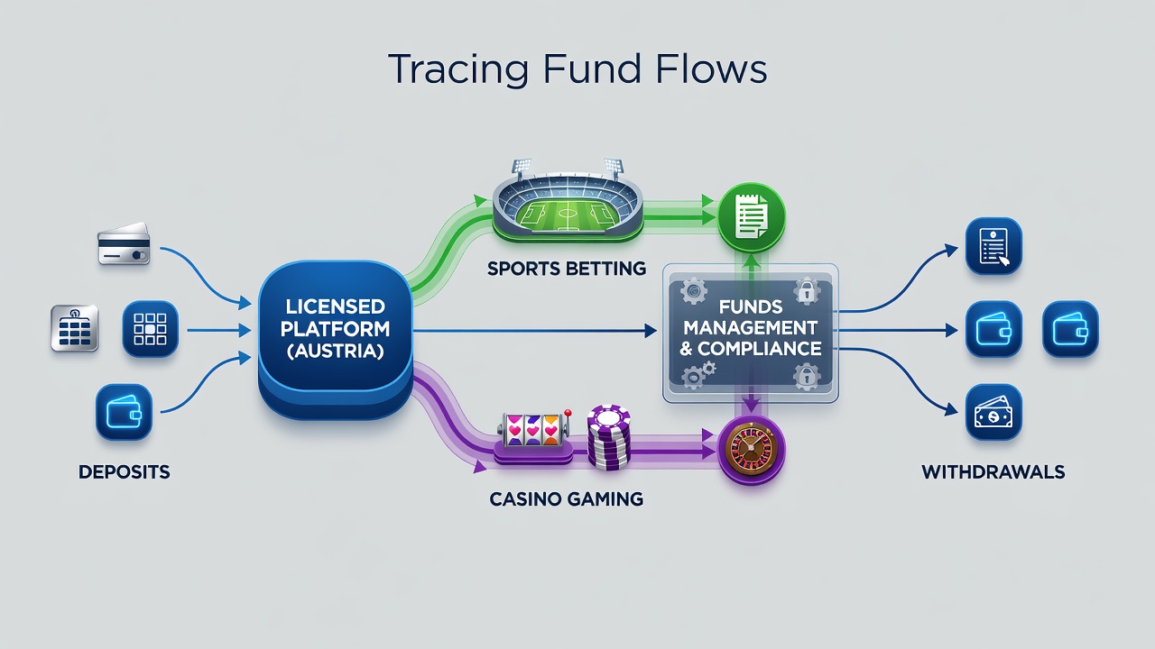 Diagram showing how withdrawal requests link back to original deposits via shared regulatory data channels in Austria's licensed gaming sector